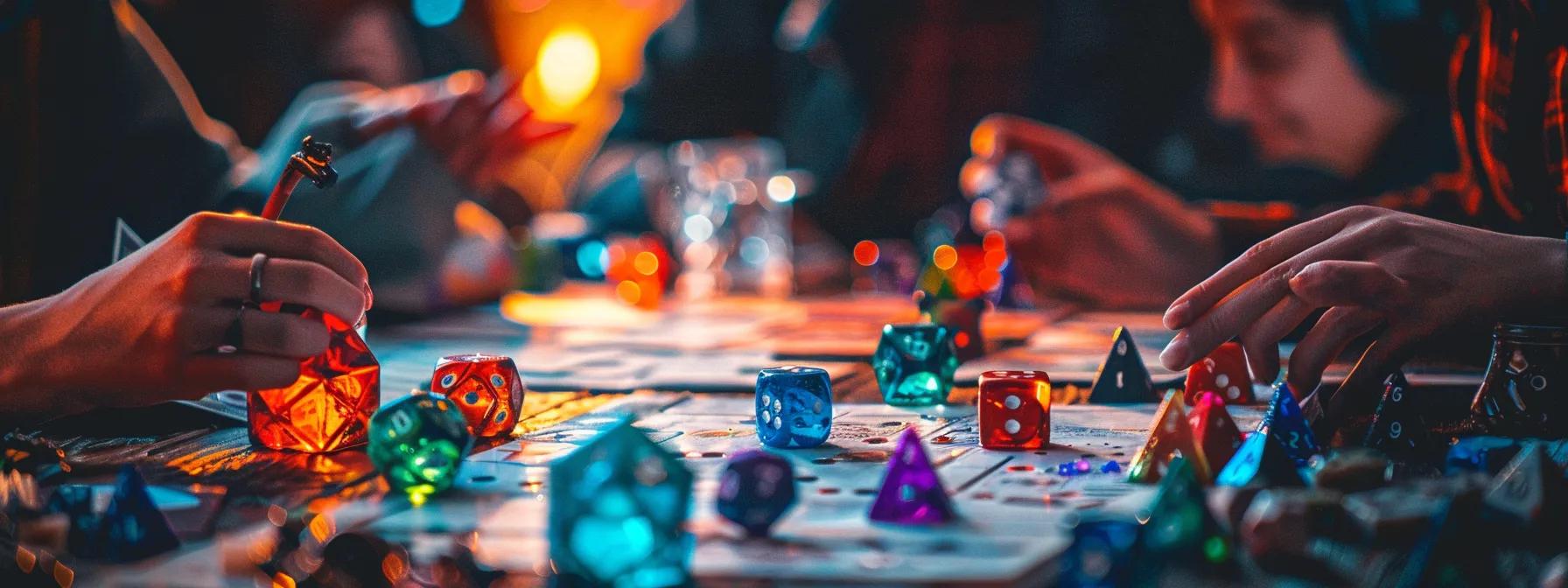 a vibrant tabletop gaming scene in a dimly lit room, showcasing an array of well-organized player aid sheets spread across a sleek gaming table, with players intently strategizing their next moves amidst colorful dice and character miniatures, emphasizing their engagement and coordination in gameplay. a vibrant tabletop gaming scene in a dimly lit room, showcasing an array of well-organized player aid sheets spread across a sleek gaming table, with players intently strategizing their next moves amidst colorful dice and character miniatures, emphasizing their engagement and coordination in gameplay.