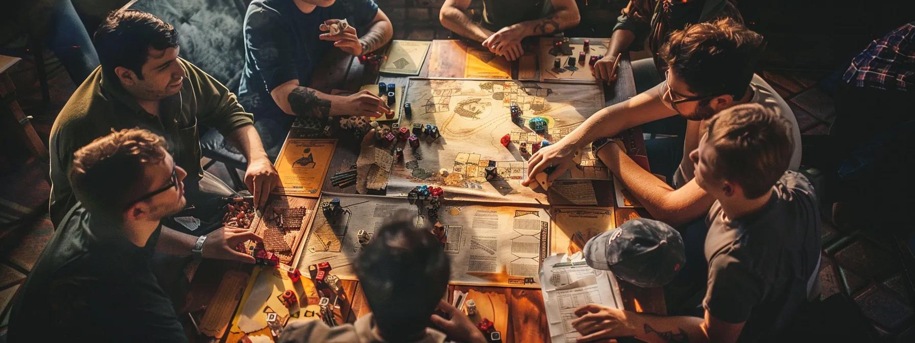 a vibrant tabletop gaming scene showcases diverse players deeply engaged around a cluttered gaming table, surrounded by colorful player aid sheets that prominently display rules and strategies, creating an atmosphere of excitement and collaboration. a vibrant tabletop gaming scene showcases diverse players deeply engaged around a cluttered gaming table, surrounded by colorful player aid sheets that prominently display rules and strategies, creating an atmosphere of excitement and collaboration.