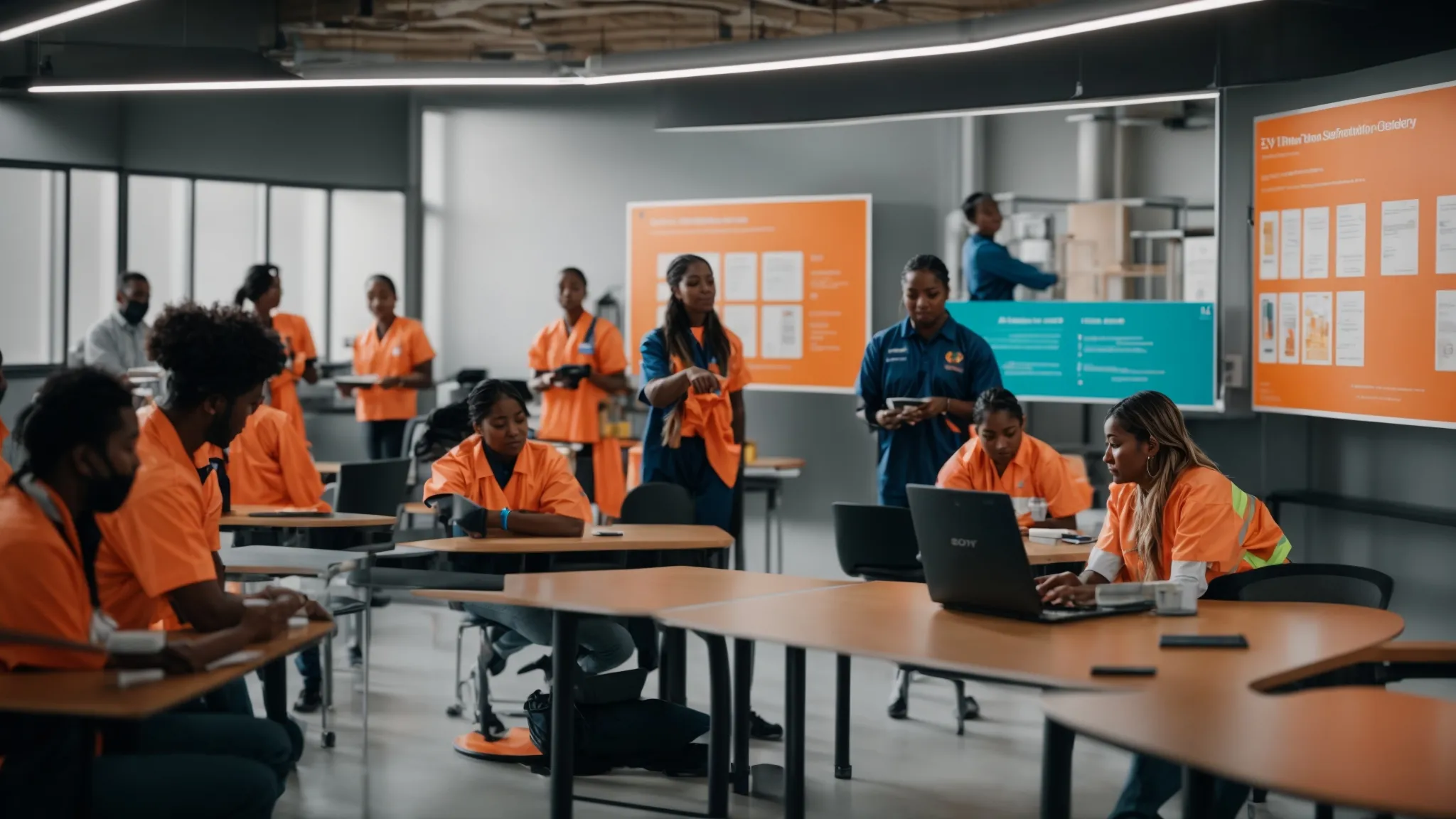 a vibrant training session depicting disposal staff engaged in hands-on learning about safety protocols, with a backdrop of informative posters and a bright, well-lit training room.