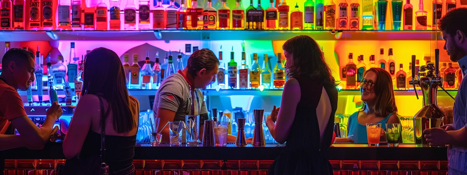 a vibrant urban bar scene showcases an array of colorful, thc-infused beverages on the counter, with patrons animatedly discussing their bold flavors and effects, illuminated by dynamic neon lighting that enhances the electric atmosphere. a vibrant urban bar scene showcases an array of colorful, thc-infused beverages on the counter, with patrons animatedly discussing their bold flavors and effects, illuminated by dynamic neon lighting that enhances the electric atmosphere.