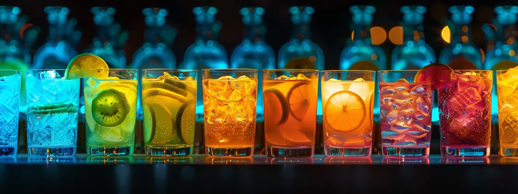 a vibrant urban bar scene showcasing a colorful lineup of thc-infused beverages in sleek, modern glassware, each drink radiating bold colors like zesty guava and tropical pineapple, illuminated by dynamic neon lighting that enhances the lively atmosphere. a vibrant urban bar scene showcasing a colorful lineup of thc-infused beverages in sleek, modern glassware, each drink radiating bold colors like zesty guava and tropical pineapple, illuminated by dynamic neon lighting that enhances the lively atmosphere.