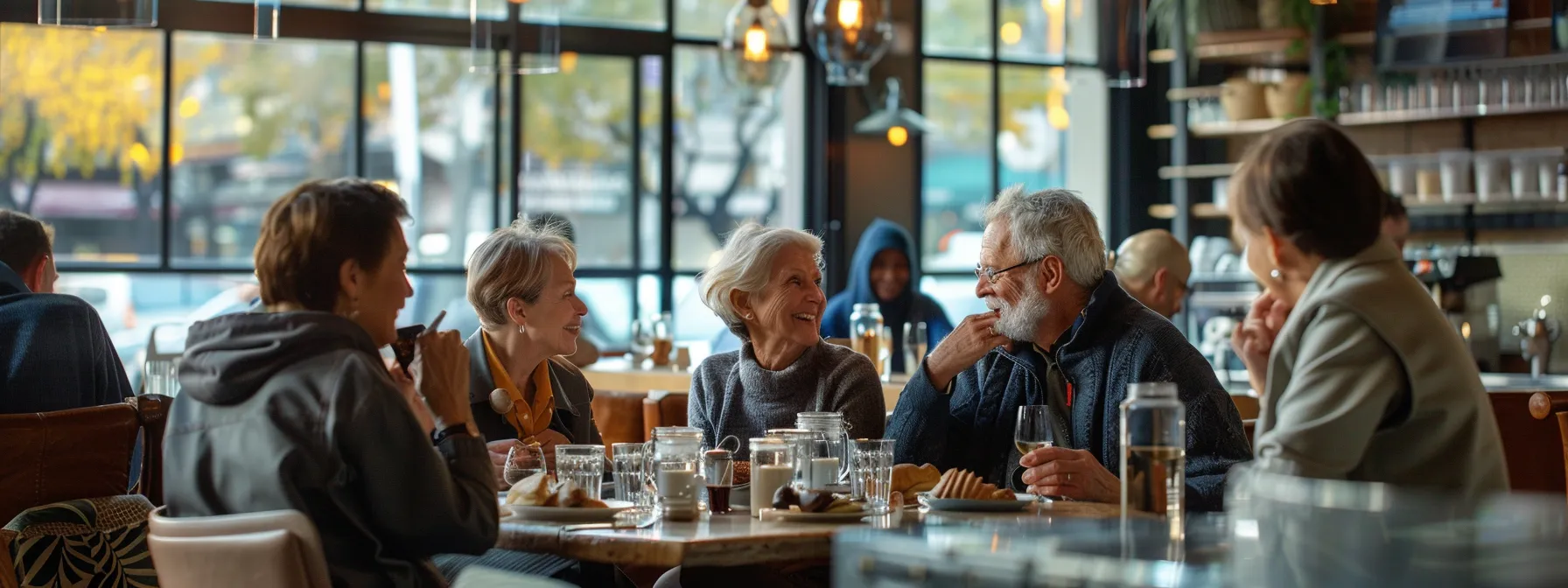 a vibrant urban café scene captures a group of lively individuals over 50, engaging in animated conversation while enjoying artisanal coffee and pastries in a chic, contemporary setting.
