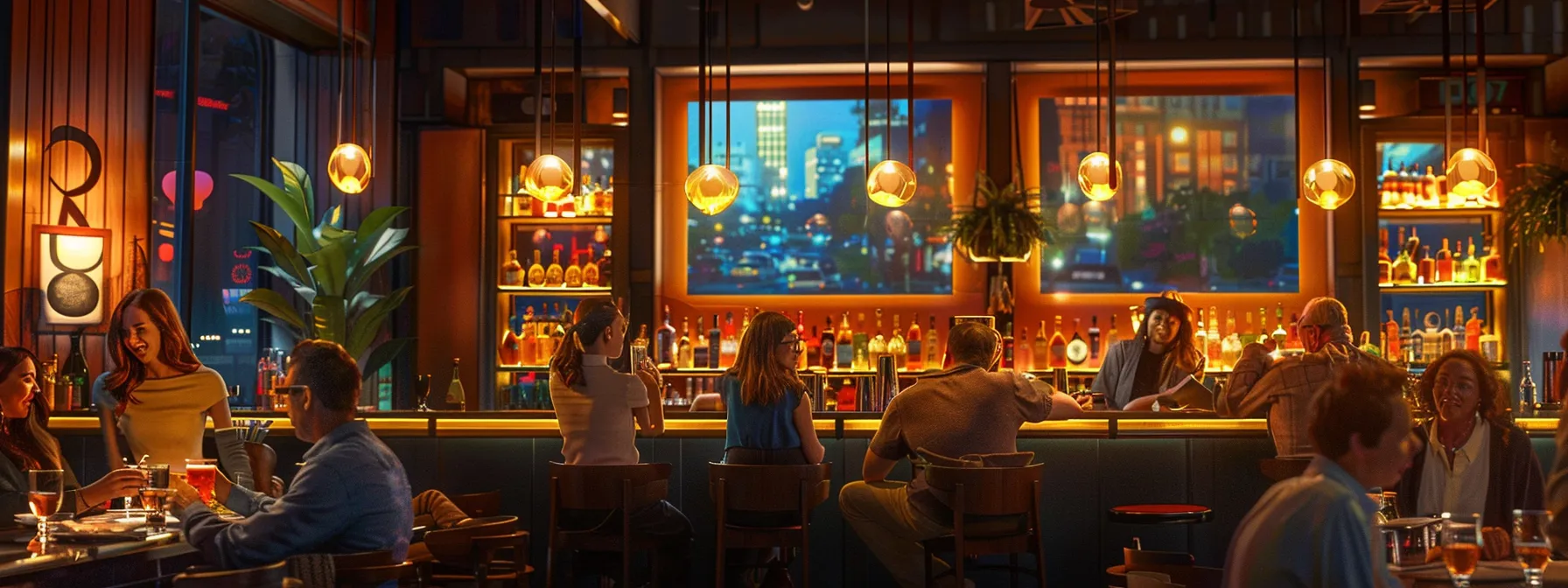a vibrant urban café scene featuring diverse individuals over 50 engaging in lively conversation and enjoying their drinks, surrounded by stylish décor and warm ambient lighting that enhances the inviting atmosphere.