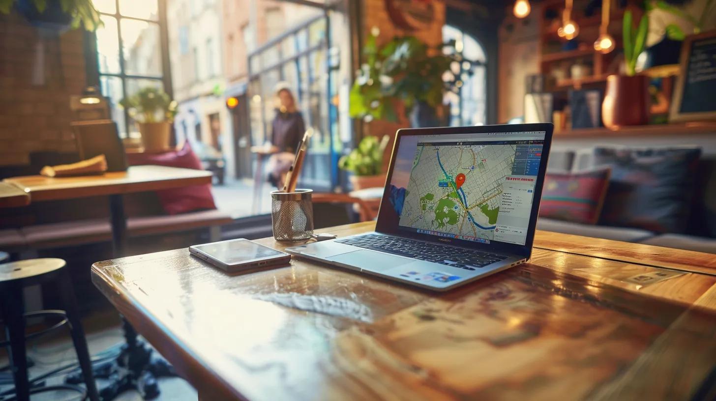 a vibrant urban café scene showcases a laptop on a polished wooden table, with an open google maps interface displayed, highlighting location pins and interactive features that invite customers to explore local businesses. a vibrant urban café scene showcases a laptop on a polished wooden table, with an open google maps interface displayed, highlighting location pins and interactive features that invite customers to explore local businesses.