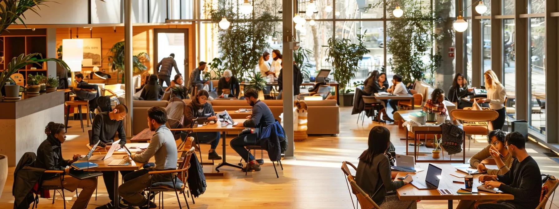 a vibrant urban co-working space filled with diverse professionals engaged in animated discussions, showcasing mentorship dynamics and collaborative support through modern technology and shared resources.