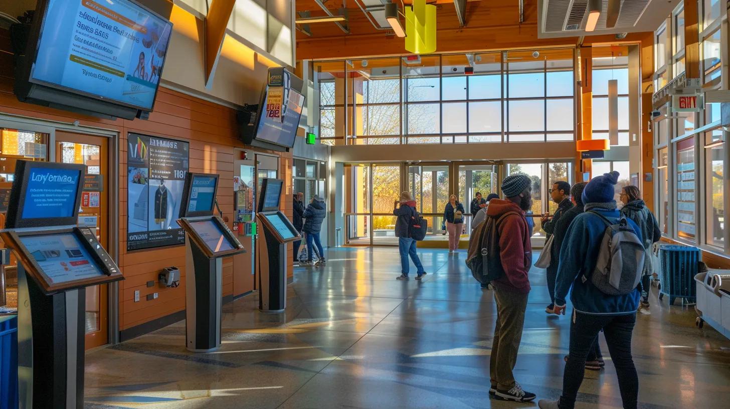 a vibrant urban community center buzzes with activity as diverse individuals gather around digital kiosks and bulletin boards, exchanging tips and forming new hiking groups for their next blue ridge adventure.