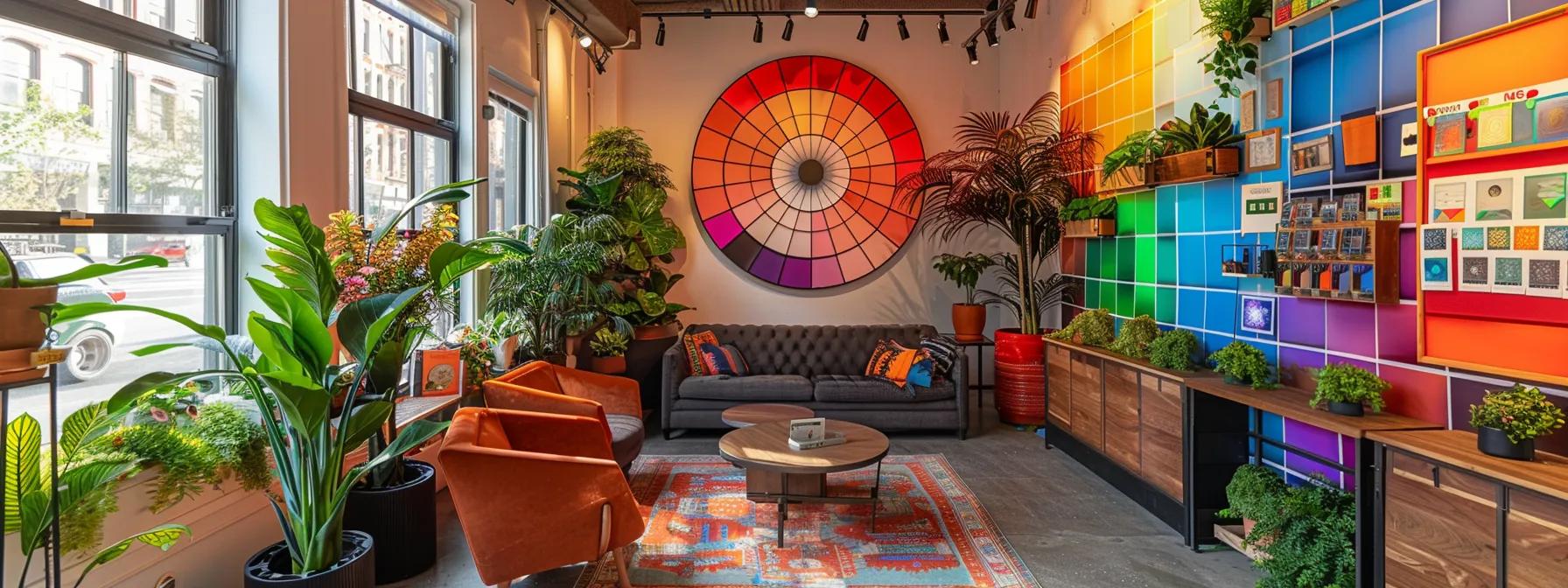 a vibrant urban garden design studio, with a large color wheel prominently displayed on the wall, features striking samples of warm reds and oranges alongside cool blues and greens, creating a dynamic atmosphere filled with design plans and mood boards showcasing harmonious color pairings. a vibrant urban garden design studio, with a large color wheel prominently displayed on the wall, features striking samples of warm reds and oranges alongside cool blues and greens, creating a dynamic atmosphere filled with design plans and mood boards showcasing harmonious color pairings.
