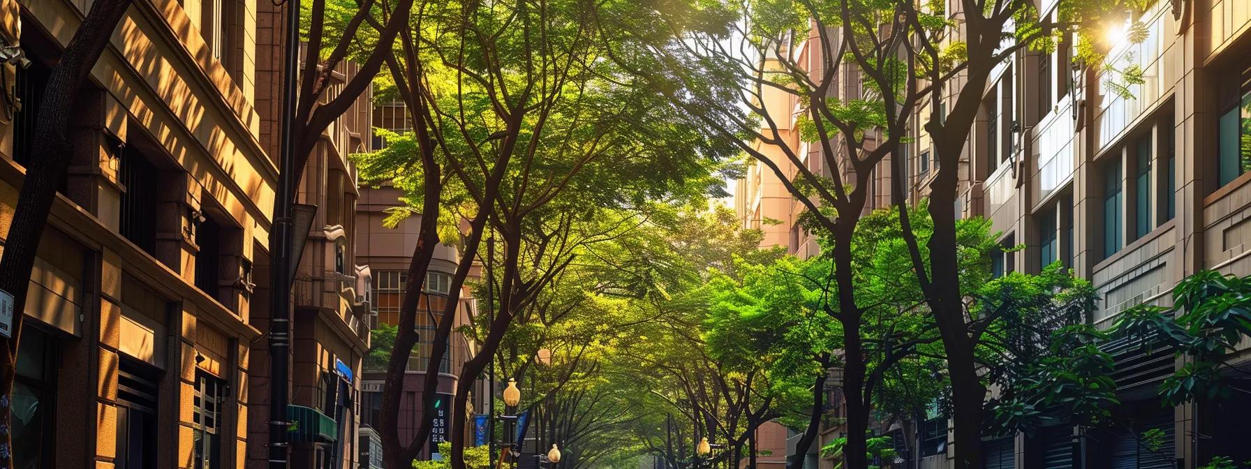 a vibrant urban landscape features a row of majestic mature trees lining a bustling street, their lush canopies providing a striking contrast against modern buildings while enhancing air quality and demonstrating their key environmental benefits. a vibrant urban landscape features a row of majestic mature trees lining a bustling street, their lush canopies providing a striking contrast against modern buildings while enhancing air quality and demonstrating their key environmental benefits.