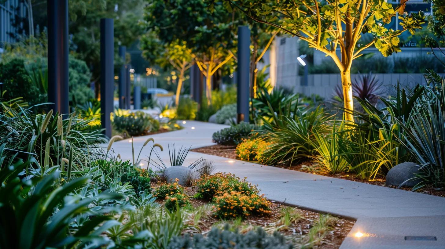 a vibrant urban landscape showcases a meticulously maintained drought-resistant garden, featuring innovative irrigation systems and visually striking clusters of resilient plants, all under bright, artificial lighting that emphasizes the modern approach to sustainable landscaping. a vibrant urban landscape showcases a meticulously maintained drought-resistant garden, featuring innovative irrigation systems and visually striking clusters of resilient plants, all under bright, artificial lighting that emphasizes the modern approach to sustainable landscaping.