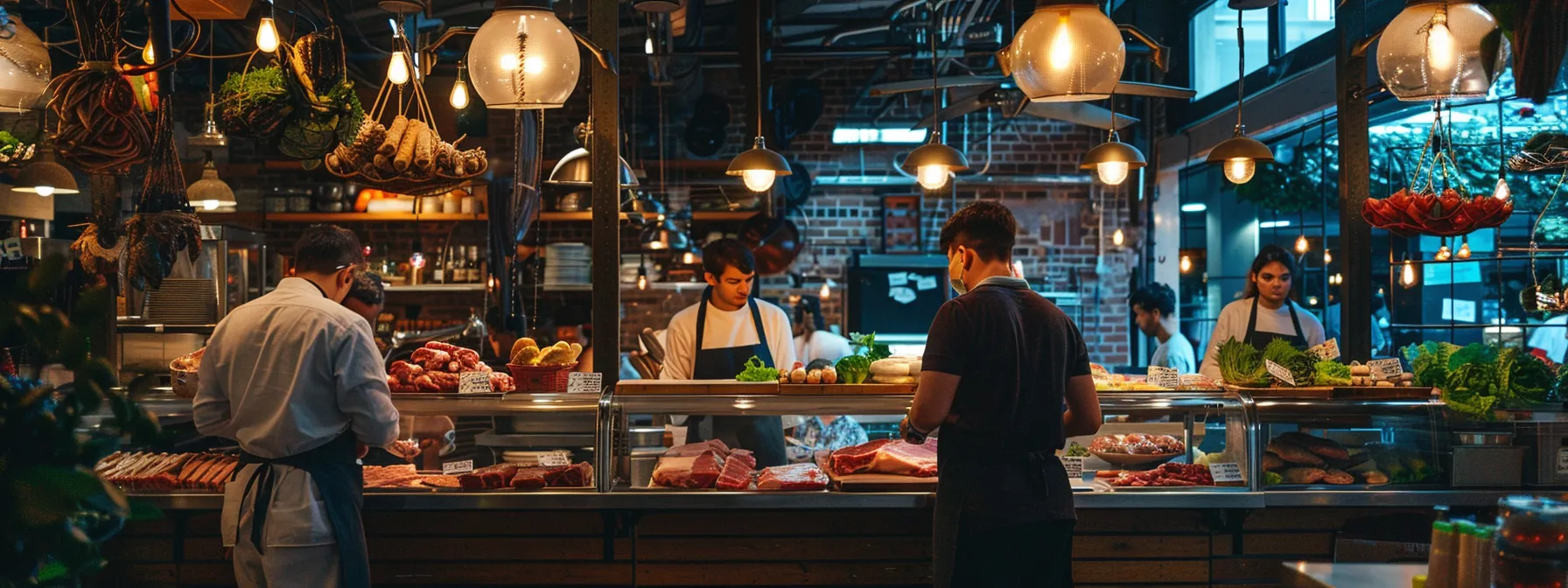 a vibrant urban market scene showcases a friendly local farmer engaging with customers while displaying a variety of premium cuts of beef, emphasizing sustainable practices and community support in a warm, inviting atmosphere.