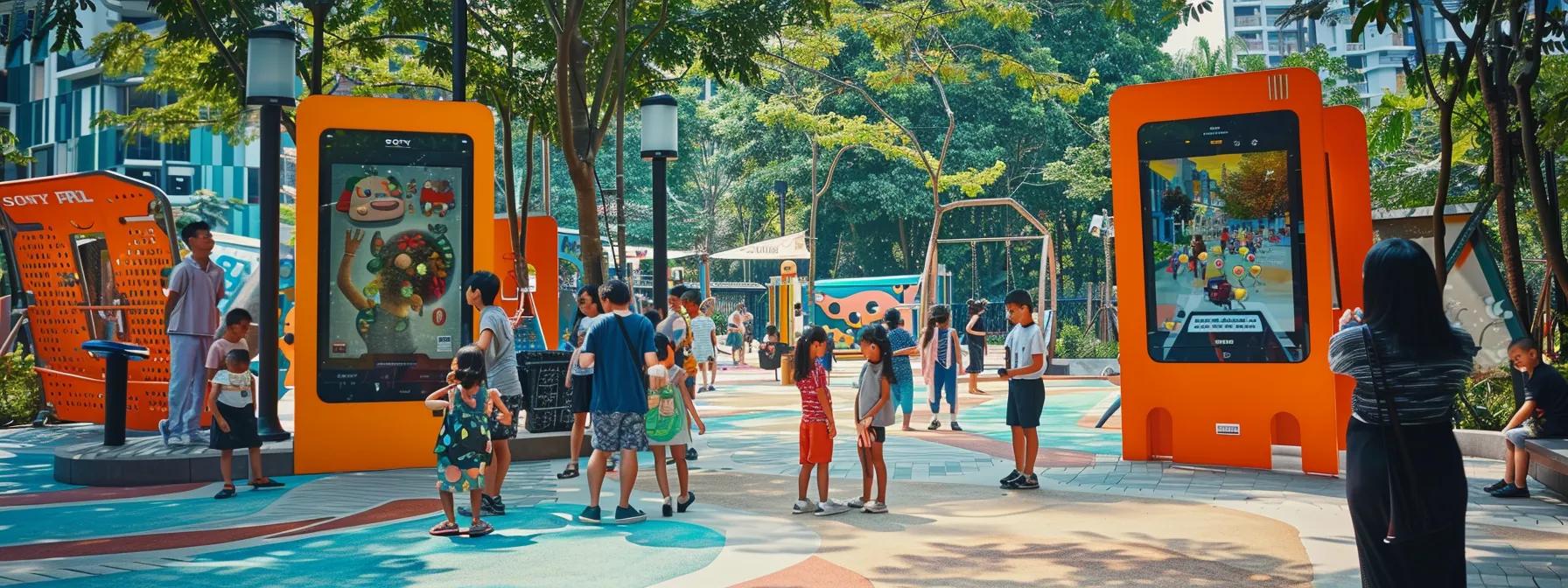 a vibrant urban playground filled with diverse children interacting with a clearly marked safety station, where informative signs on staying aware and safe stand out against the colorful setting, highlighting the importance of safety preparedness in public spaces. a vibrant urban playground filled with diverse children interacting with a clearly marked safety station, where informative signs on staying aware and safe stand out against the colorful setting, highlighting the importance of safety preparedness in public spaces.