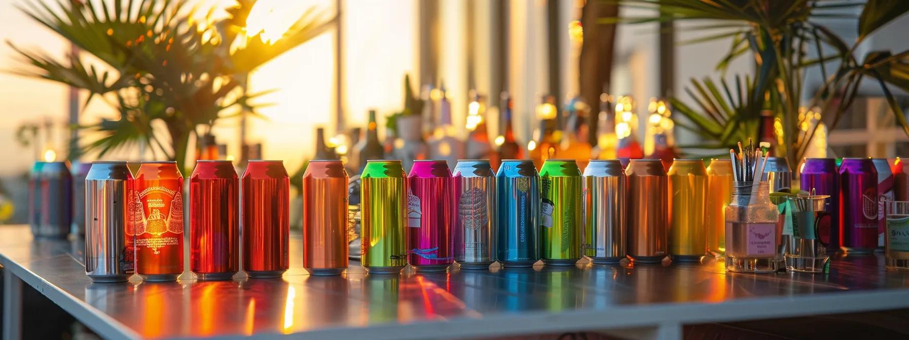 a vibrant urban rooftop setting showcases an array of colorful thc beverage cans and elegant drink mixers, invitingly arranged on a sleek table, perfect for a stylish social gathering. a vibrant urban rooftop setting showcases an array of colorful thc beverage cans and elegant drink mixers, invitingly arranged on a sleek table, perfect for a stylish social gathering.
