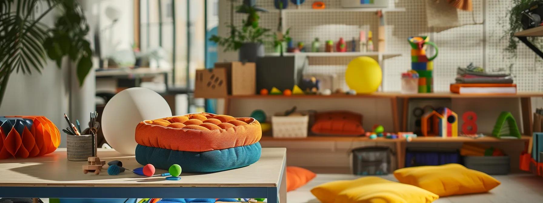 a vibrant urban setting featuring a modern workspace, showcasing a variety of kaiko fidgets sensory tools like fidget toys, textured cushions, and weighted blankets, thoughtfully arranged on a sleek desk to illustrate emotional regulation and cognitive focus in action. a vibrant urban setting featuring a modern workspace, showcasing a variety of kaiko fidgets sensory tools like fidget toys, textured cushions, and weighted blankets, thoughtfully arranged on a sleek desk to illustrate emotional regulation and cognitive focus in action.