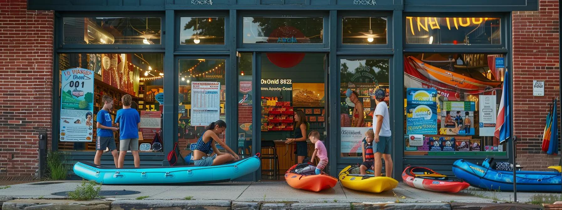 a vibrant urban storefront showcases experienced rafting outfitters in chattanooga, with families excitedly reviewing safety charts and adventure packages displayed prominently in the window.