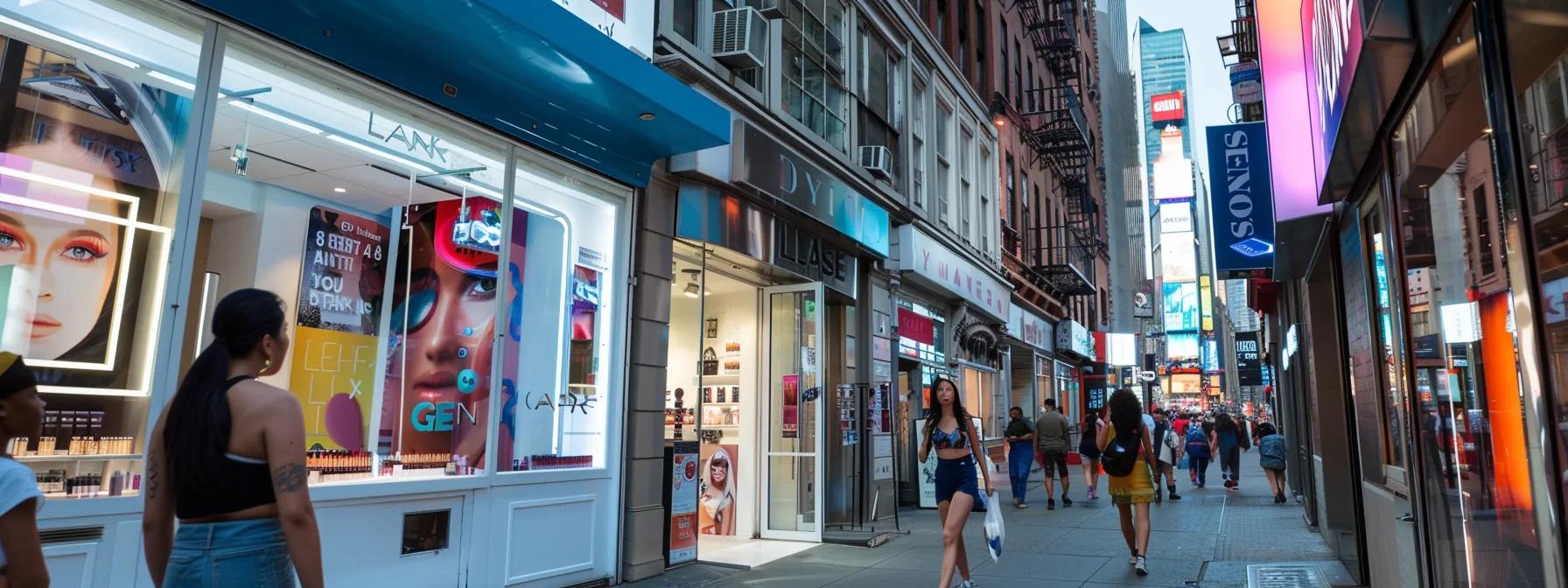 a vibrant urban street scene on fulton st in manhattan, bustling with people and showcasing an inviting eyebrow threading salon featuring stylish signage and a modern interior, highlighting both luxury and accessibility in beauty services.