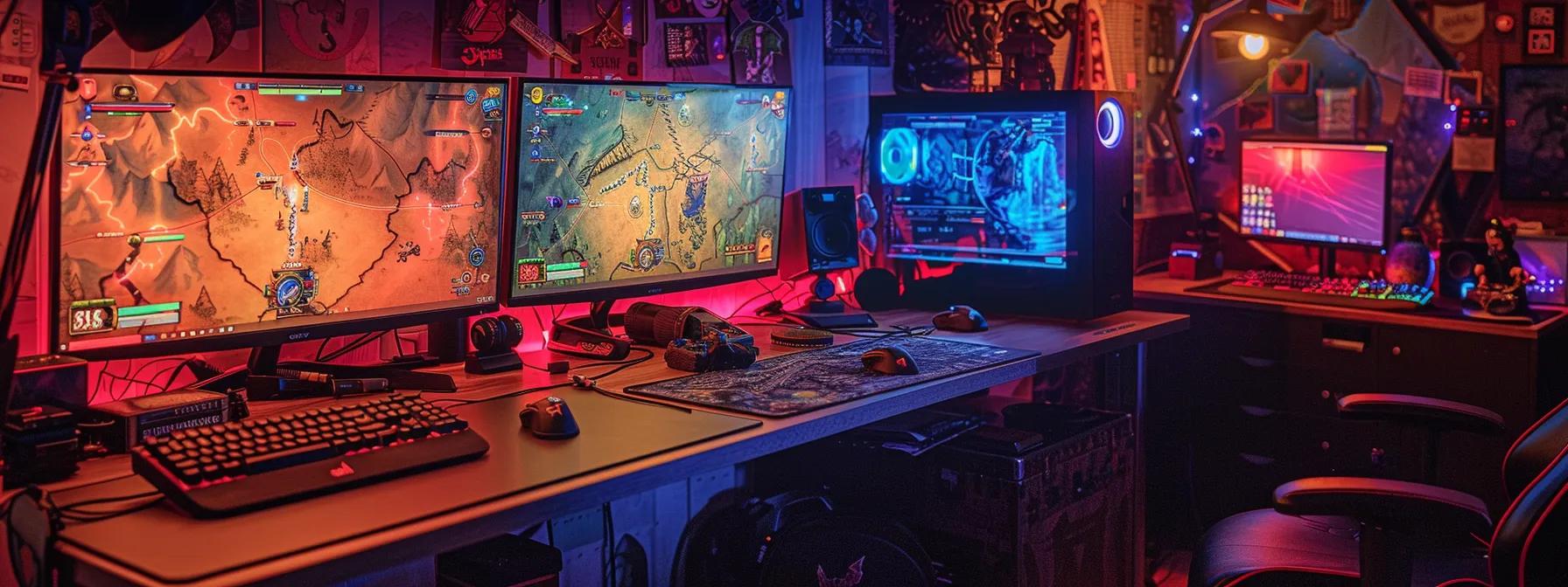 a vibrant virtual tabletop setup displays a dynamic dungeons and dragons game in progress, featuring animated maps, detailed character tokens, and an engaging digital interface, all illuminated by soft led lighting in a cozy gaming room atmosphere. a vibrant virtual tabletop setup displays a dynamic dungeons and dragons game in progress, featuring animated maps, detailed character tokens, and an engaging digital interface, all illuminated by soft led lighting in a cozy gaming room atmosphere.