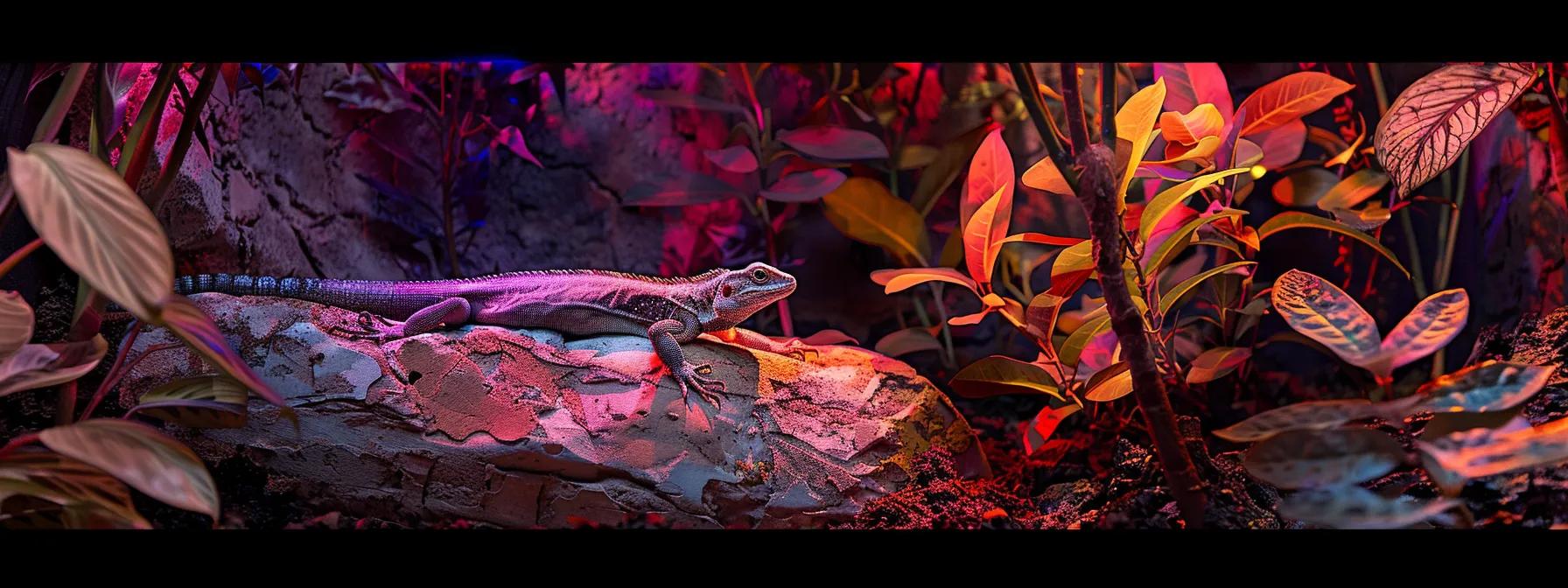 a vibrant, well-lit reptile habitat showcasing a lizard basking under carefully positioned uvb lighting, with a visible uv index gauge nearby, emphasizing the importance of proper light placement for optimal lizard health. a vibrant, well-lit reptile habitat showcasing a lizard basking under carefully positioned uvb lighting, with a visible uv index gauge nearby, emphasizing the importance of proper light placement for optimal lizard health.