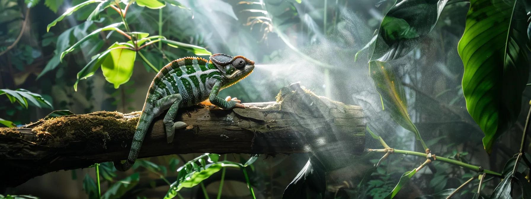 a vibrant, well-lit reptile enclosure showcases a veiled chameleon perched on a branch, surrounded by fine mist emerging from an automated fogger, emphasizing the importance of hydration through carefully maintained humidity levels.