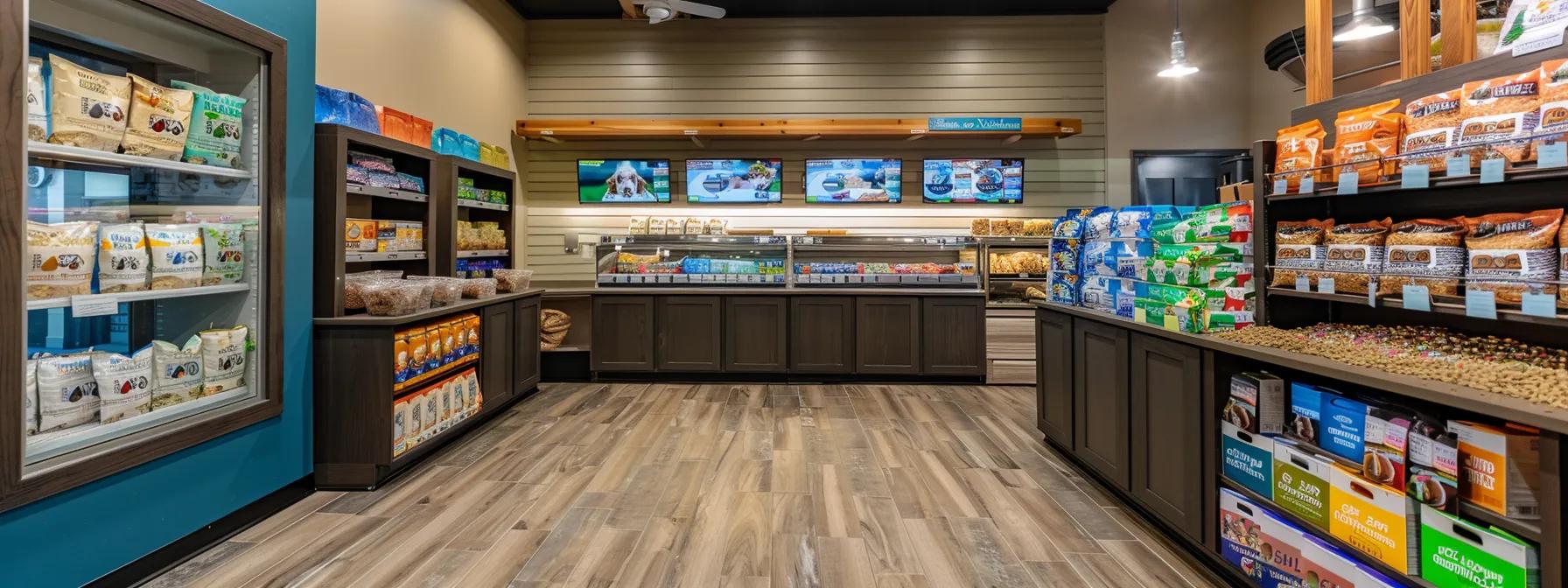 a vibrant, well-organized veterinary clinic showcases three distinct dog treat sections labeled for high, moderate, and low activity levels, each featuring appealing packaging and ingredient visuals that reflect their specific nutritional benefits for breeds. a vibrant, well-organized veterinary clinic showcases three distinct dog treat sections labeled for high, moderate, and low activity levels, each featuring appealing packaging and ingredient visuals that reflect their specific nutritional benefits for breeds.