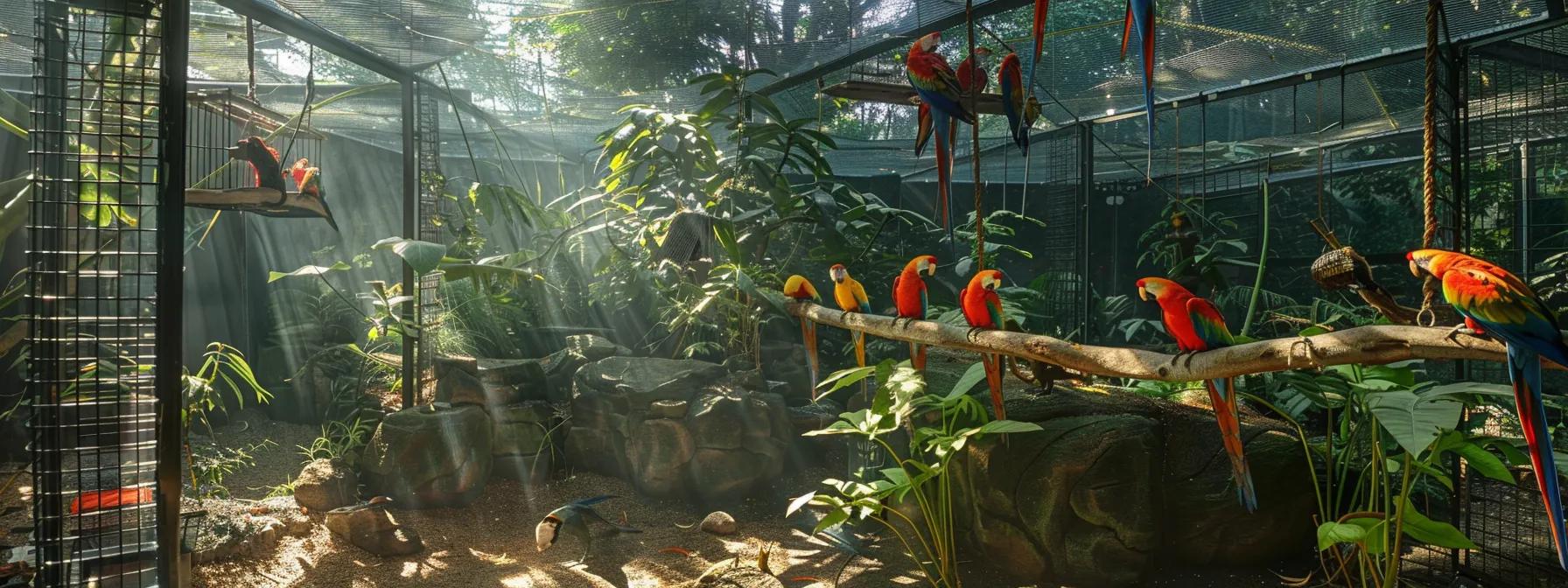a vibrant, well-designed indoor aviary bustling with colorful parrots engaging actively with a diverse array of stimulating toys, showcasing their joyful playfulness and emphasizing the importance of mental and physical enrichment. a vibrant, well-designed indoor aviary bustling with colorful parrots engaging actively with a diverse array of stimulating toys, showcasing their joyful playfulness and emphasizing the importance of mental and physical enrichment.