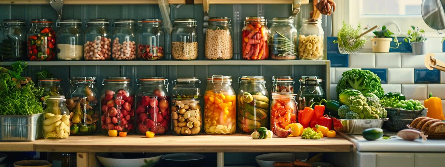 a vibrant, well-organized kitchen showcases a colorful spread of whole foods, including fresh vegetables, lean proteins, and jars of fermented foods, capturing the essence of a microbiome diet designed to promote gut health and support akkermansia.