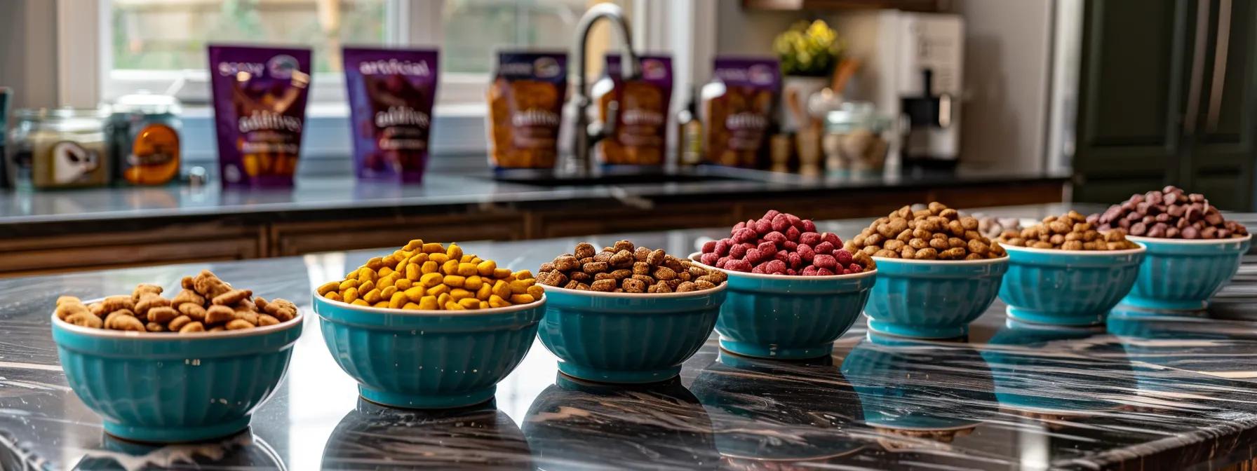 a vibrant, well-lit kitchen countertop showcases an array of colorful, natural puppy treats displayed in elegant bowls, with packaging clearly emphasizing a vibrant, well-lit kitchen countertop showcases an array of colorful, natural puppy treats displayed in elegant bowls, with packaging clearly emphasizing