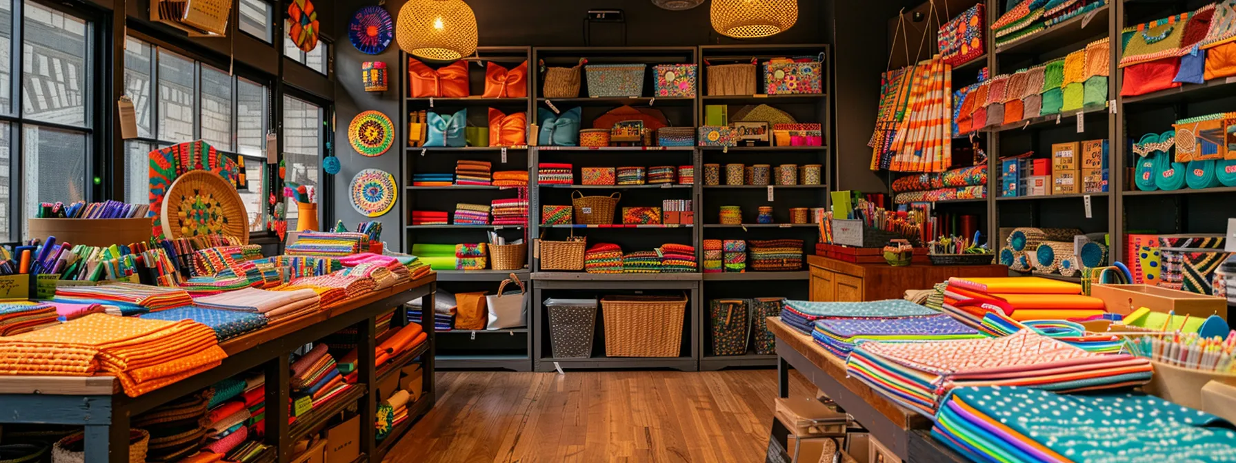 a vibrant, well-organized craft studio filled with colorful fabric strips, showcasing a variety of completed small gifts like coasters, zipper pouches, and storage baskets, all arranged on a sleek workspace illuminated by warm overhead lighting.