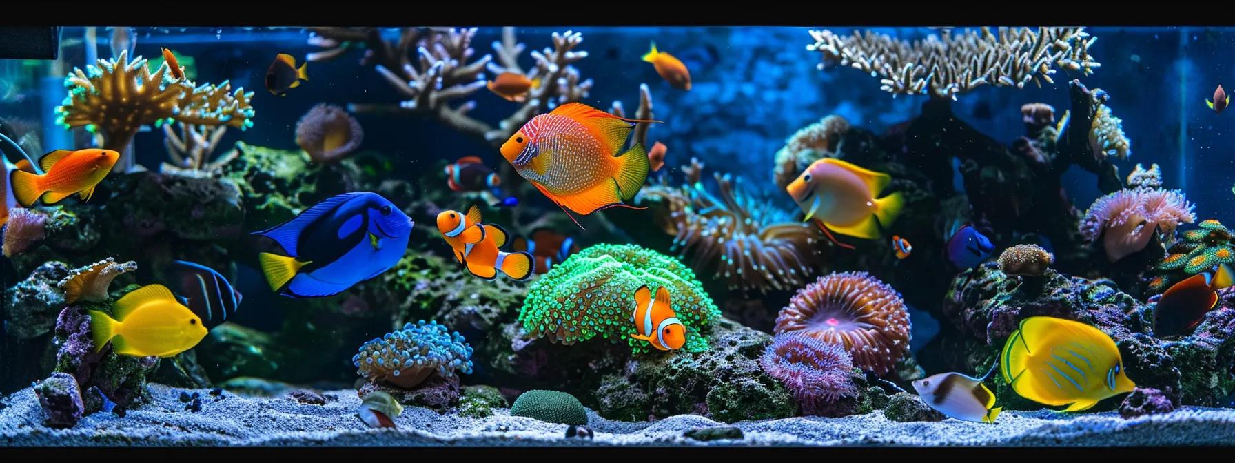 a vibrant, well-maintained aquarium setup featuring various species of fish eagerly feeding on high-quality pellets, surrounded by sleek, modern aquarium equipment and a clear focus on proper feeding practices. a vibrant, well-maintained aquarium setup featuring various species of fish eagerly feeding on high-quality pellets, surrounded by sleek, modern aquarium equipment and a clear focus on proper feeding practices.