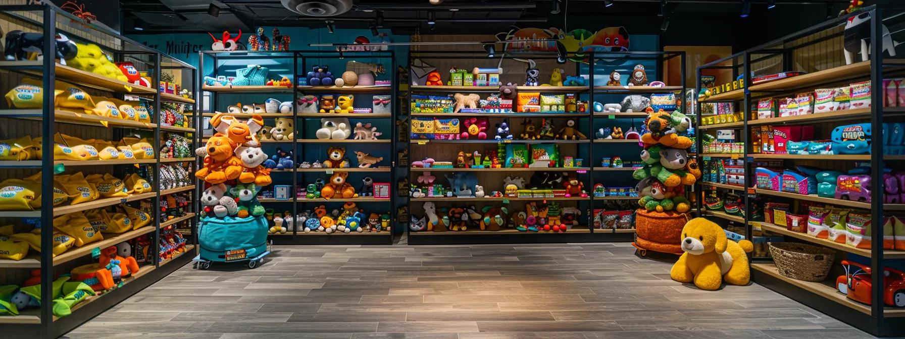 a vibrant, well-organized pet retail store displays an array of colorful, soft dog toys on sleek shelves, highlighting various textures and designs that promise safety and durability for playful pets. a vibrant, well-organized pet retail store displays an array of colorful, soft dog toys on sleek shelves, highlighting various textures and designs that promise safety and durability for playful pets.