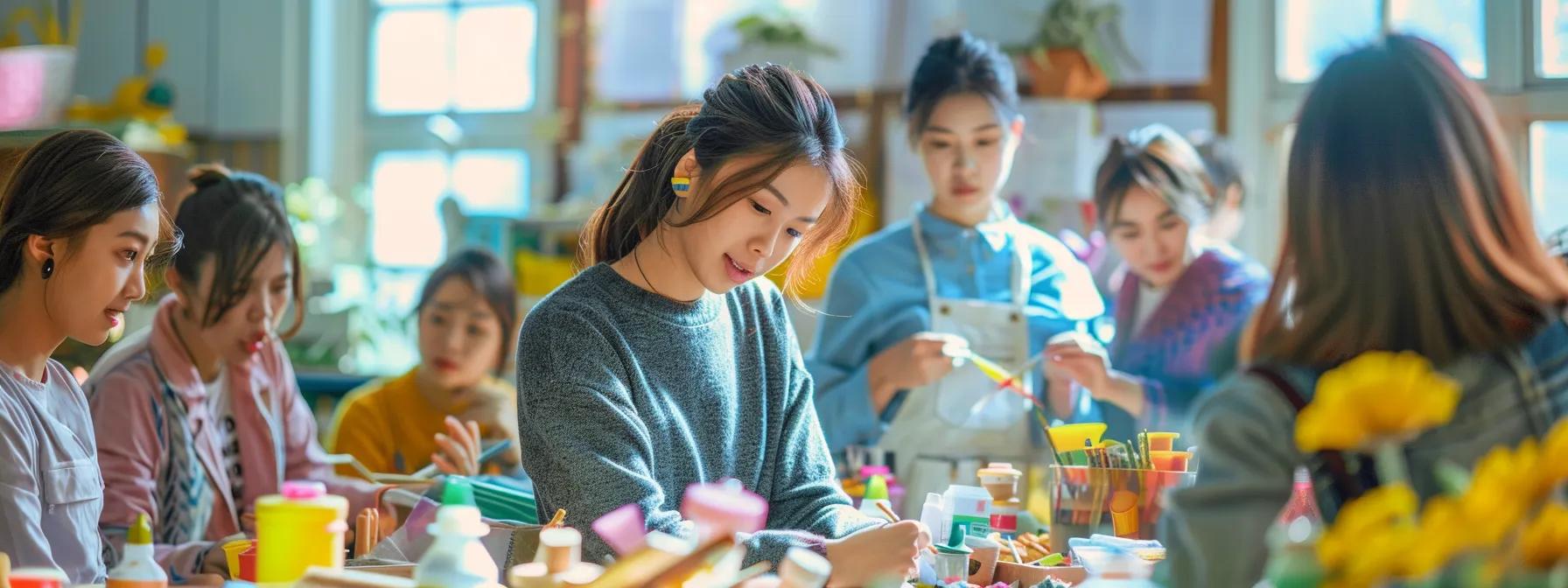 a vibrant workshop setting showcases a diverse group of professionals engaged in traditional crafting techniques, surrounded by colorful materials and art tools, fostering a dynamic atmosphere of creativity and collaboration.