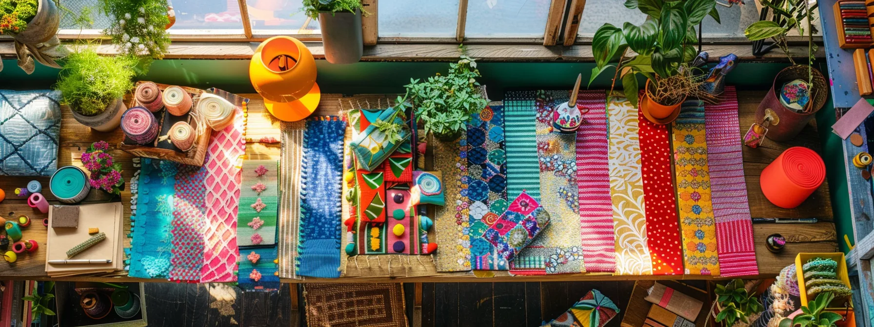 a vibrant workspace showcases a beautifully arranged setting of colorful, handmade home decor items, including a patchwork table runner and decorative throw pillows, all crafted from an eclectic jelly roll, highlighting the creative process and artistic flair of craft enthusiasts.