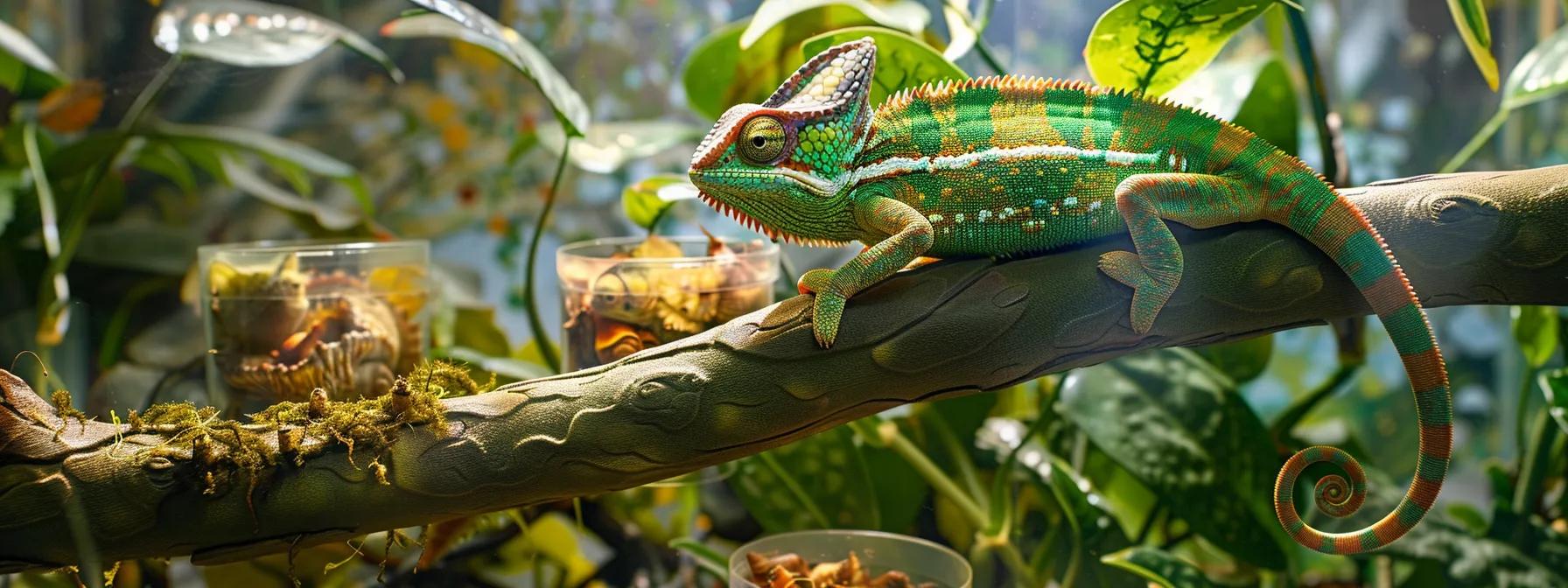 a vibrantly designed aquarium setting showcases a well-fed veiled chameleon perched on a textured branch, surrounded by containers of live insects and leafy greens, emphasizing the importance of a balanced diet for optimal health. a vibrantly designed aquarium setting showcases a well-fed veiled chameleon perched on a textured branch, surrounded by containers of live insects and leafy greens, emphasizing the importance of a balanced diet for optimal health.