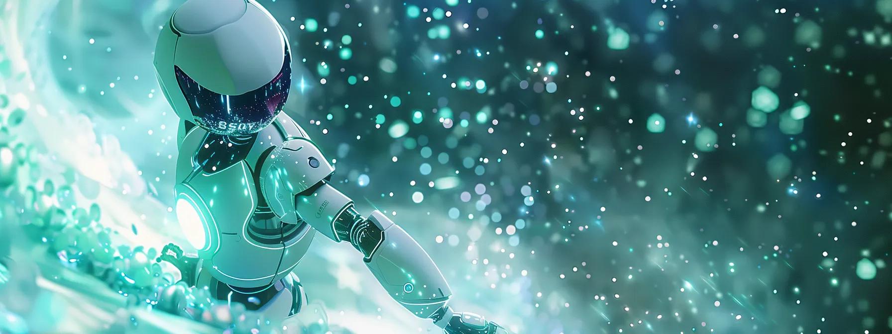visualize a sleek ai robot, bathed in a white and teal color scheme with vibrant purple highlights, gracefully suspended in a surreal cosmic expanse filled with shimmering stars and swirling data streams, capturing the essence of voice search optimization amidst the infinite universe.