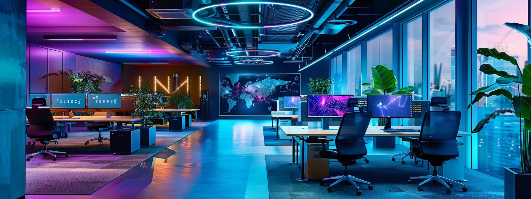 visualize a sleek, futuristic office filled with advanced mapping software displays and dynamic data streams flowing through the air, as an ai robot analyzes geographic insights to enhance seo strategies, illuminated by sharp, teal and purple lighting that accentuates the high-tech atmosphere. visualize a sleek, futuristic office filled with advanced mapping software displays and dynamic data streams flowing through the air, as an ai robot analyzes geographic insights to enhance seo strategies, illuminated by sharp, teal and purple lighting that accentuates the high-tech atmosphere.