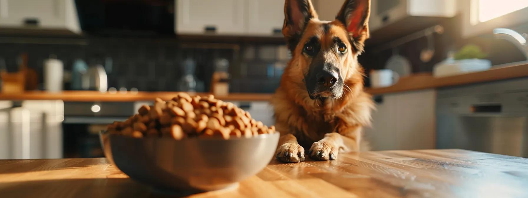 a visually appealing close-up of a bowl filled with rich, moist dog food on a sleek, modern kitchen counter, highlighting the vibrant textures and enticing aroma, with a curious dog eagerly gazing at it in anticipation. a visually appealing close-up of a bowl filled with rich, moist dog food on a sleek, modern kitchen counter, highlighting the vibrant textures and enticing aroma, with a curious dog eagerly gazing at it in anticipation.