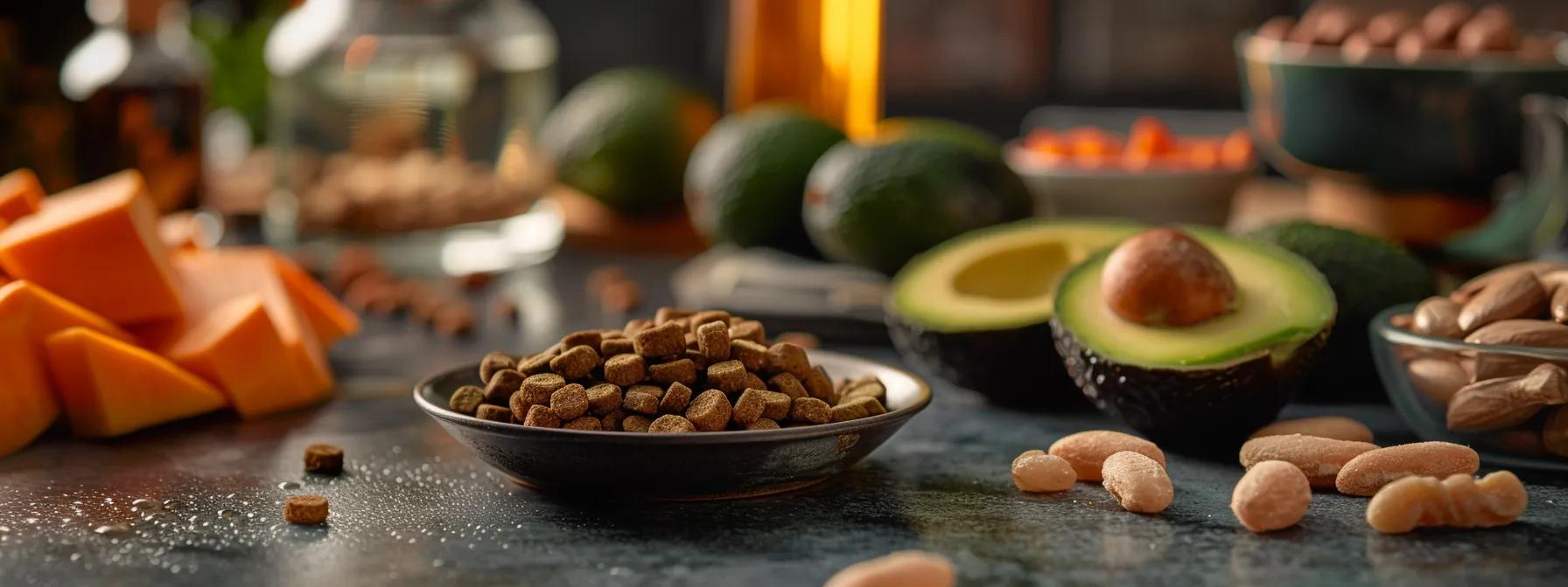 a visually appealing display of avoderm dog food ingredients, featuring glossy avocado oil, hearty chicken meal, and vibrant sweet potatoes arranged artistically on a sleek modern kitchen countertop, illuminated by warm overhead lighting to highlight their rich colors and textures.