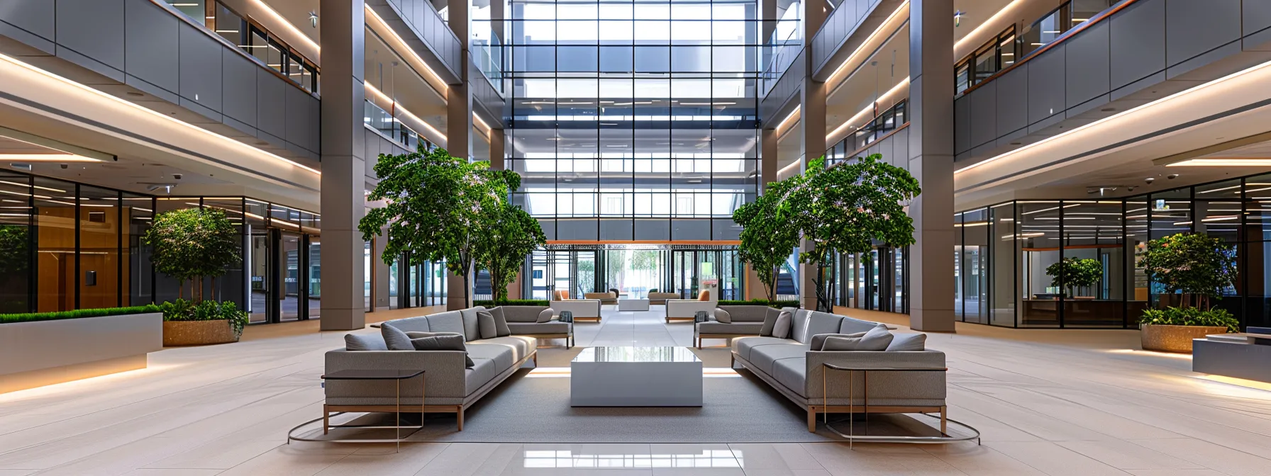 a visually captivating interior of a modern office building showcases symmetrical architectural elements, with sleek lines and balanced geometric shapes reflecting the principles of design, illuminated by dynamic artificial lighting that enhances the structural precision.