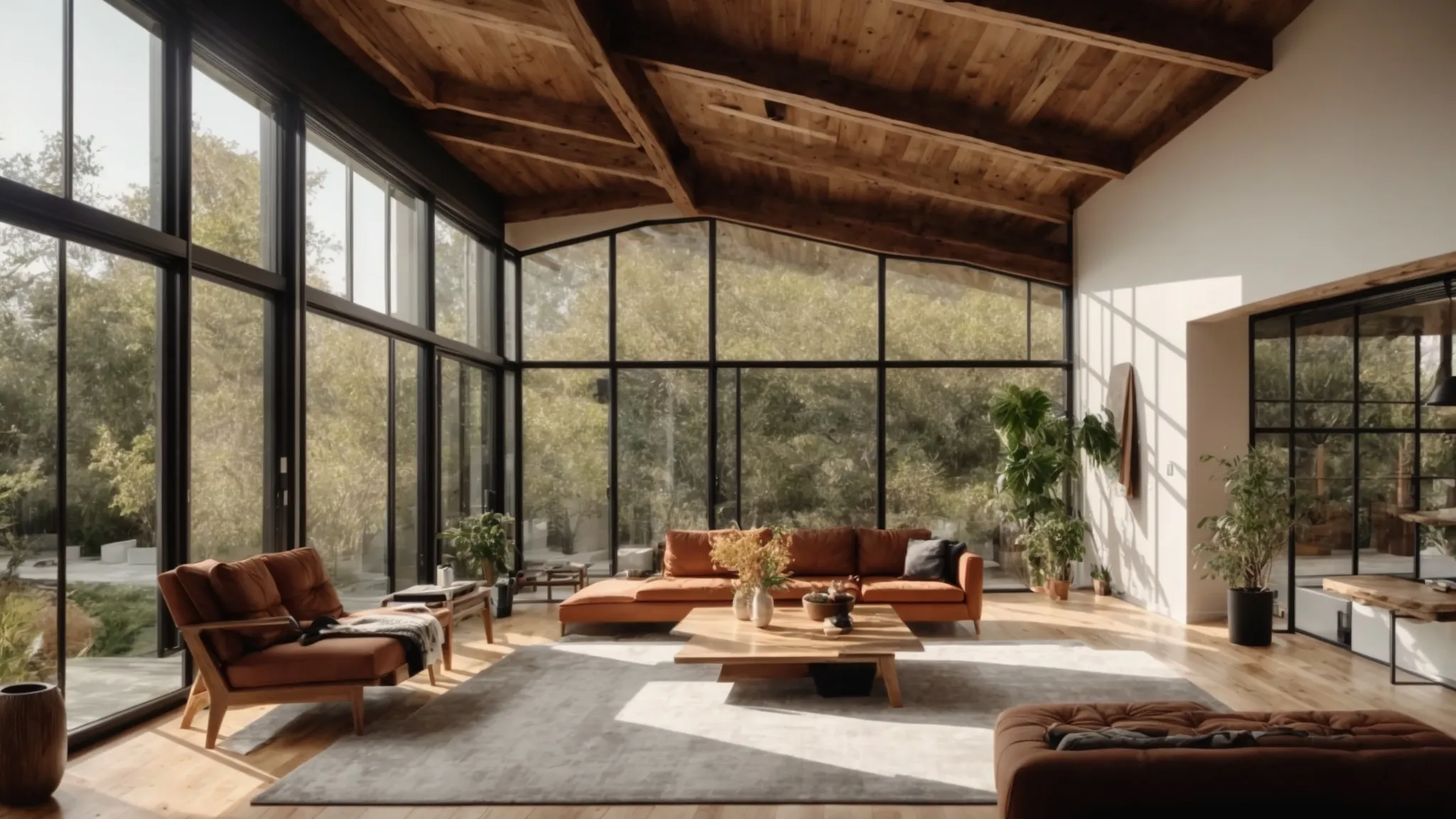 a visually compelling composition showcasing a split-scene comparison of elegant wooden beams and sleek metal frameworks in a stylish home renovation context, illuminated by natural light streaming through large windows.