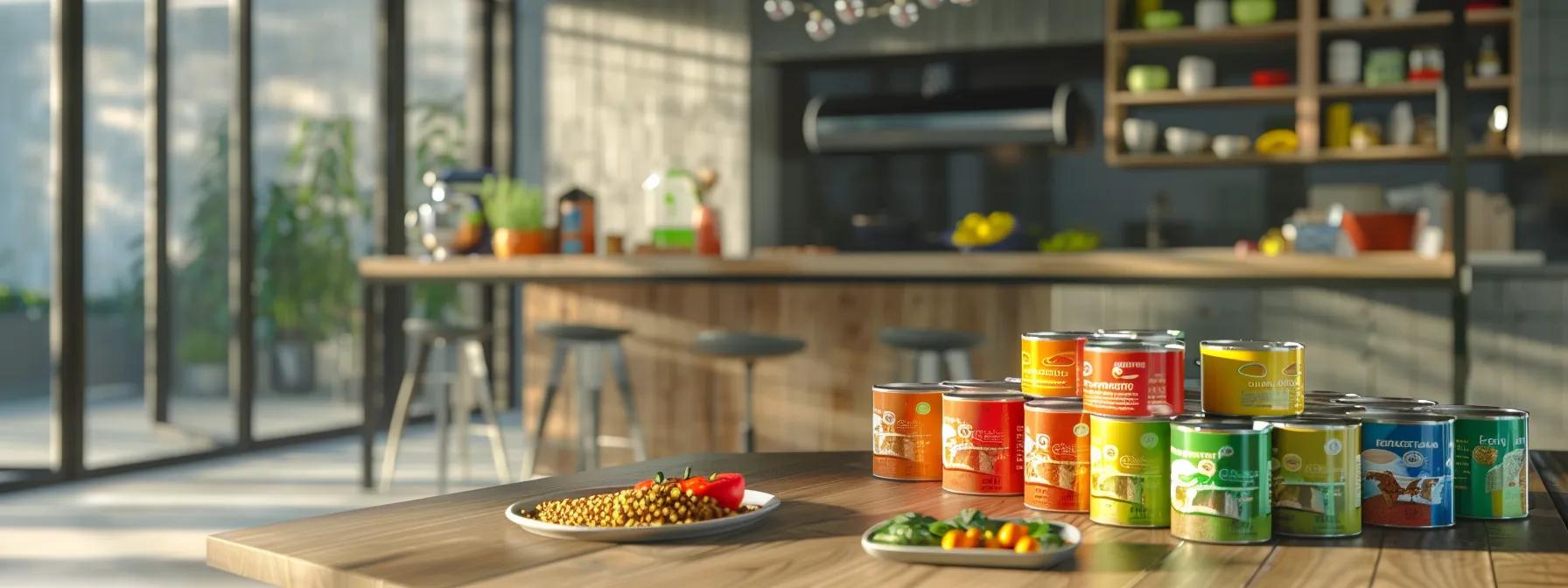 a visually engaging office scene showcases a neatly arranged table with an array of colorful, labeled cans of wet dog food, highlighting their wholesome ingredients against a backdrop of a modern kitchen setting, emphasizing nutrition and dog health. a visually engaging office scene showcases a neatly arranged table with an array of colorful, labeled cans of wet dog food, highlighting their wholesome ingredients against a backdrop of a modern kitchen setting, emphasizing nutrition and dog health.