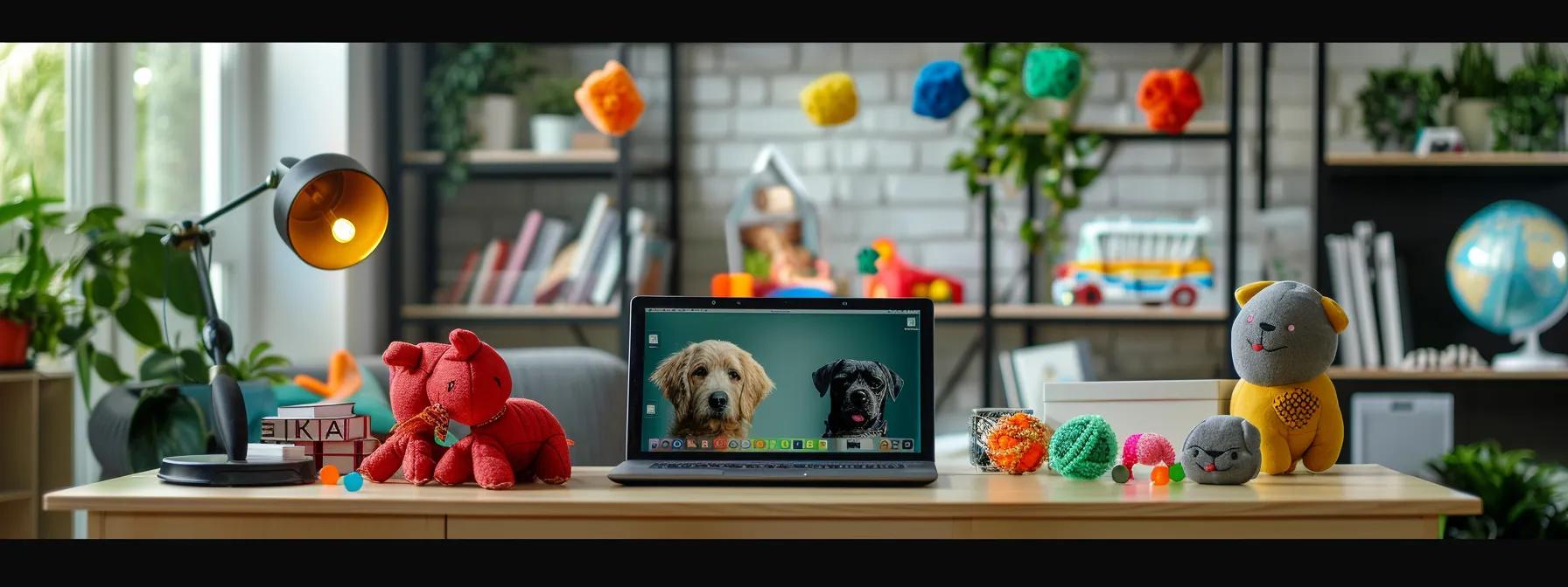 a visually engaging office setting showcases an open laptop displaying expert reviews for large dog fetch toys, surrounded by vibrant dog toys in various materials, highlighting key features and safety ratings in bold, eye-catching graphics. a visually engaging office setting showcases an open laptop displaying expert reviews for large dog fetch toys, surrounded by vibrant dog toys in various materials, highlighting key features and safety ratings in bold, eye-catching graphics.