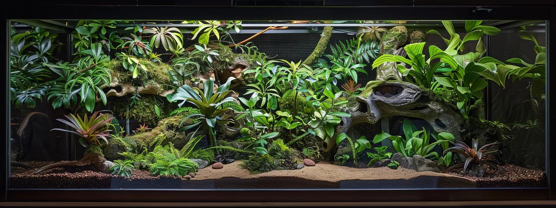 a visually engaging terrarium showcases a meticulously customized reptile habitat, featuring specialized substrates, vibrant artificial plants, and strategically placed hideaways illuminated by soft, focused lighting to highlight the tailored environment for various reptile species. a visually engaging terrarium showcases a meticulously customized reptile habitat, featuring specialized substrates, vibrant artificial plants, and strategically placed hideaways illuminated by soft, focused lighting to highlight the tailored environment for various reptile species.