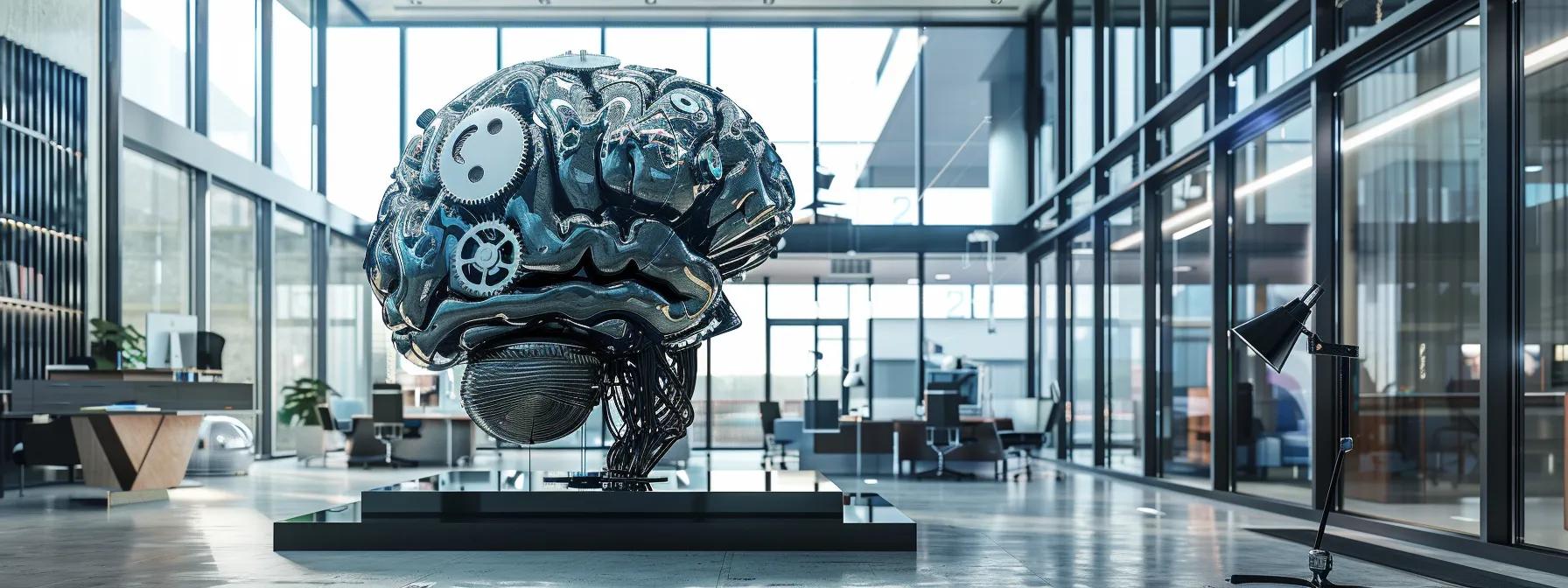 a visually impactful urban scene depicts a large, artistically rendered sculpture of a brain with gears and circuits, set in a modern office environment, symbolizing the chaotic effects of alcohol on neural communication. a visually impactful urban scene depicts a large, artistically rendered sculpture of a brain with gears and circuits, set in a modern office environment, symbolizing the chaotic effects of alcohol on neural communication.