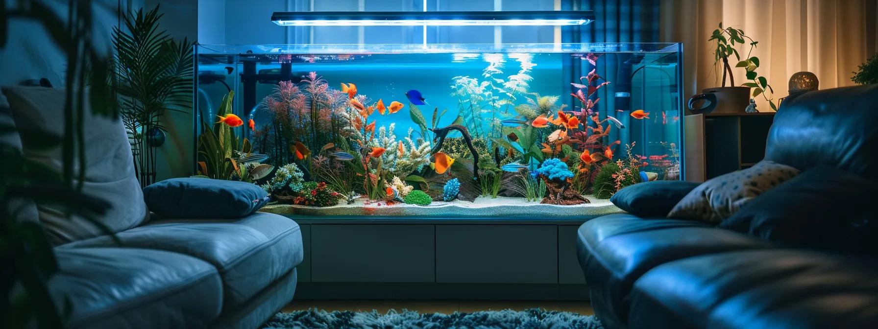 a visually striking aquarium setup, featuring a 30-gallon glass tank filled with colorful freshwater fish and vibrant plants, illuminated by soft blue led lights in a sleek modern living room, emphasizing the ideal environment for beginner aquarists. a visually striking aquarium setup, featuring a 30-gallon glass tank filled with colorful freshwater fish and vibrant plants, illuminated by soft blue led lights in a sleek modern living room, emphasizing the ideal environment for beginner aquarists.