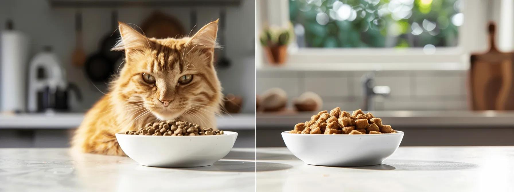 a visually striking comparison of freeze-dried raw cat food in a sleek, modern pet food packaging contrasting vividly with a bowl of traditional kibble, set against a clean, minimalist kitchen backdrop that emphasizes the quality and nutritional differences. a visually striking comparison of freeze-dried raw cat food in a sleek, modern pet food packaging contrasting vividly with a bowl of traditional kibble, set against a clean, minimalist kitchen backdrop that emphasizes the quality and nutritional differences.