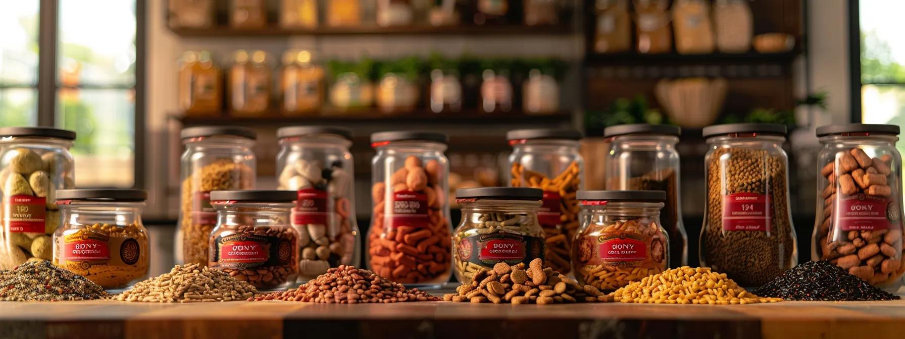 a visually striking display of various dog food ingredients in a sleek, modern kitchen setting, highlighting vibrant labels of premium options while emphasizing potential allergens, such as meat proteins and plant-based carbohydrates, with dramatic lighting to create a focused and informative atmosphere. a visually striking display of various dog food ingredients in a sleek, modern kitchen setting, highlighting vibrant labels of premium options while emphasizing potential allergens, such as meat proteins and plant-based carbohydrates, with dramatic lighting to create a focused and informative atmosphere.