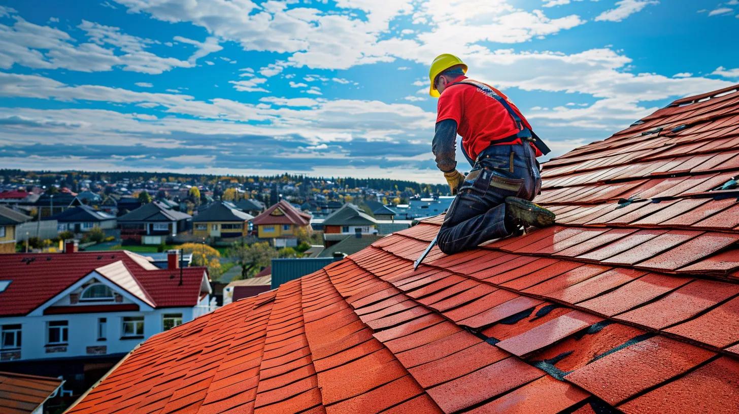 a visually striking image of a professional roofer skillfully working on a bright red shingle roof high above an urban landscape, highlighting the contrast between the meticulous craftsmanship of roof repairs and the bustling city below.