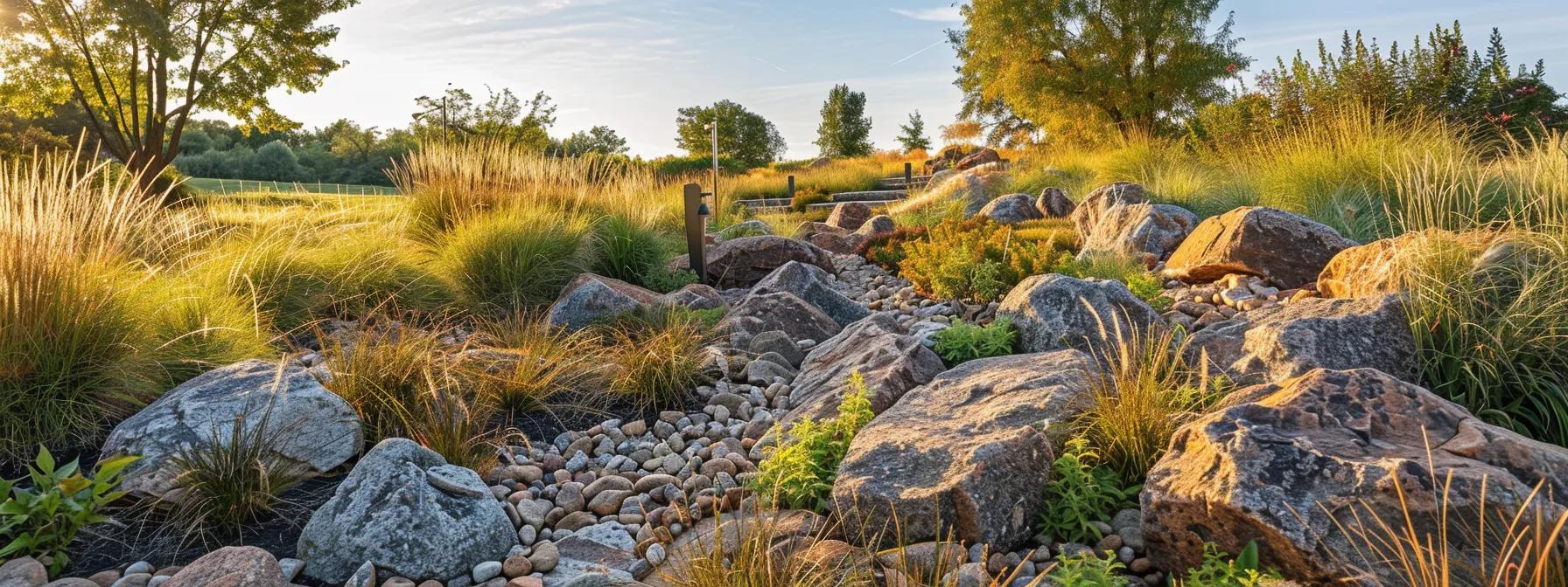 a visually striking landscape featuring a low-maintenance rock garden in central minnesota, showcasing native species like serviceberry and juniper arranged artistically among ornamental grasses, all set against a crisp, clear sky that highlights the resilience and beauty of sustainable, drought-resistant plants.