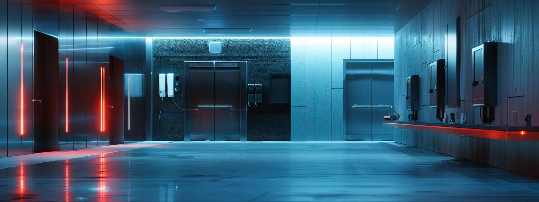 a visually striking scene of a modern office building with secure access points, illustrating the sleek efficiency of a master key system under soft, ambient lighting that highlights the advanced security features and streamlined entryways. a visually striking scene of a modern office building with secure access points, illustrating the sleek efficiency of a master key system under soft, ambient lighting that highlights the advanced security features and streamlined entryways.