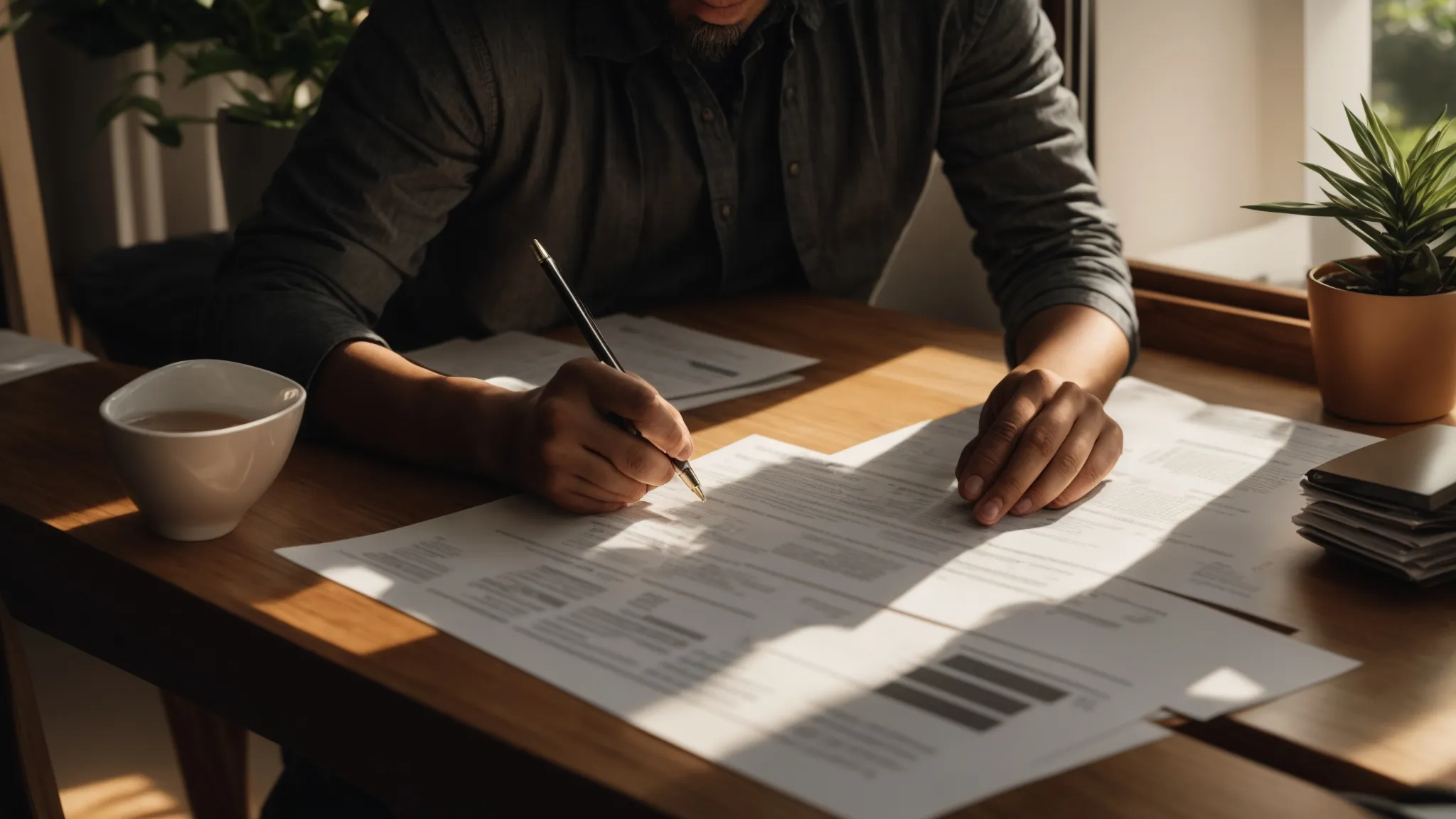 a visually striking scene of a property owner intently reviewing multiple detailed contractor estimates on a polished wooden table, bathed in warm, natural light that highlights the important elements of cost and value assessment. a visually striking scene of a property owner intently reviewing multiple detailed contractor estimates on a polished wooden table, bathed in warm, natural light that highlights the important elements of cost and value assessment.