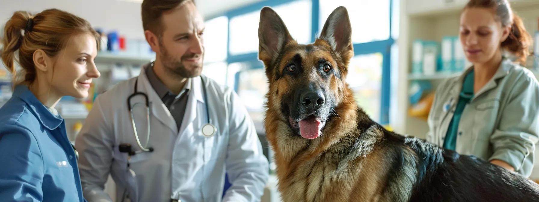 a visually striking veterinary office scene, showcasing a concerned veterinarian examining a labrador retriever and a german shepherd side by side, with clear signs of their individual allergy symptoms highlighted, emphasizing the importance of breed-specific dietary management in dog care. a visually striking veterinary office scene, showcasing a concerned veterinarian examining a labrador retriever and a german shepherd side by side, with clear signs of their individual allergy symptoms highlighted, emphasizing the importance of breed-specific dietary management in dog care.